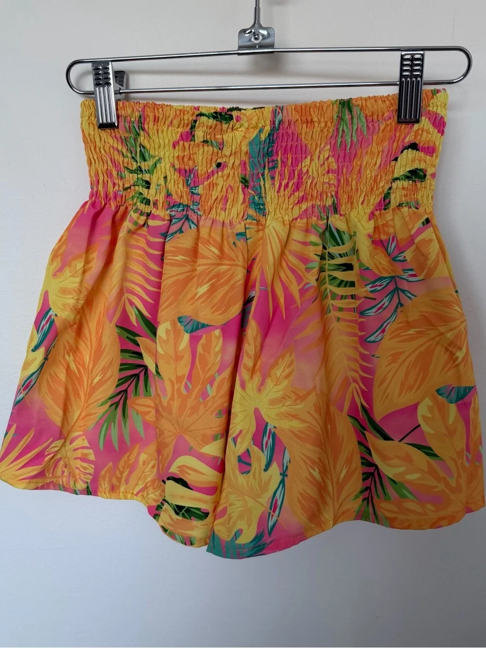 SHEIN Yellow & Pink Tropical Smocked Mini Skirt